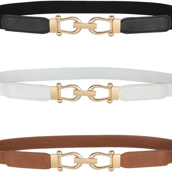 Women Skinny Elastic Belt for Dresses,Thin Retro Stretch Waist Belt with Golden